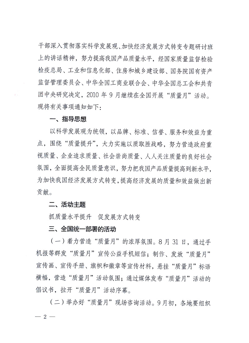 國(guó)家質(zhì)量監(jiān)督檢驗(yàn)檢疫總局、工業(yè)和信息化部、住房和城鄉(xiāng)建設(shè)部、國(guó)務(wù)院國(guó)有資產(chǎn)監(jiān)督管理委員會(huì)、中華全國(guó)工商業(yè)聯(lián)合會(huì)、中華全國(guó)總工會(huì)、共青團(tuán)中央《關(guān)于開展2010年全國(guó)“質(zhì)量月”活動(dòng)的通知》
